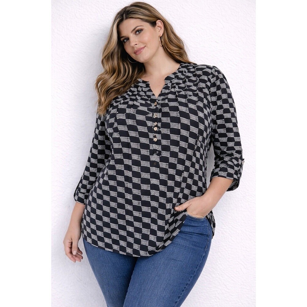 By Design Women’s Blouse XL Black White‎ Geometric Print Button Front 3/4 Sleeve